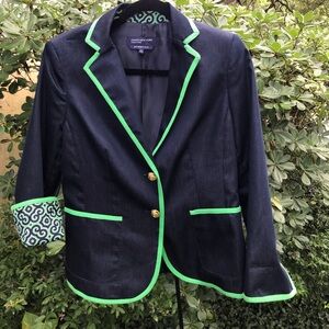 Jones New York Signature Women's Dark Denim Blazer with Green Trim Size 4